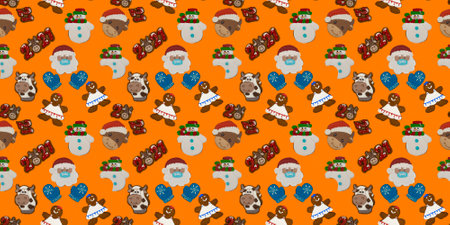Christmas gingerbread on a orange background. Seamless repeating pattern with brown homemade cookies in colored icing sugar. New year ornament handmade decoration.の写真素材