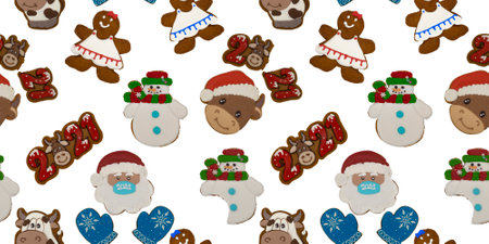 Christmas gingerbread on a white background. Seamless repeating pattern with brown homemade cookies in colored icing sugar. New year ornament handmade decoration.の写真素材