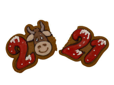 Christmas gingerbread on a white background. Broken numbers 2021 with bull. Brown homemade cookies in colored icing sugar. New year ornament handmade decoration. Ð¡oncept of a bad year.の写真素材
