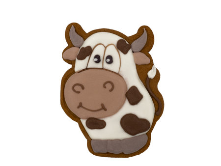 Christmas gingerbread on a white background. The cow is the symbol of the year. Brown homemade cookies in colored icing sugar. New year ornament handmade decoration.の写真素材
