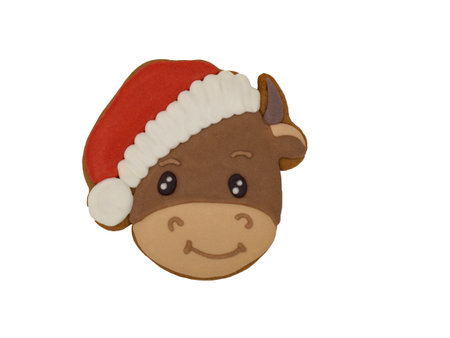 Christmas gingerbread on a white background. Bull or calf in a red cap, symbol of the year. Brown homemade cookies in colored icing sugar. New year ornament handmade decoration.の写真素材
