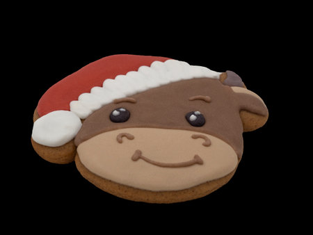 Christmas gingerbread on a black background. Bull or calf in a red cap, symbol of the year. Brown homemade cookies in colored icing sugar. New year ornament handmade decoration.の写真素材