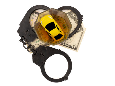 Toy car drowns in a glass of whiskey standing on the money with handcuffs. The concept of social advertising, a fine for drunk driving. Studio photo isolated on a white background.の写真素材