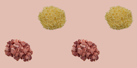 Seamless pattern on a pink background. A repetitive texture of grated cheese and raw sliced pork...