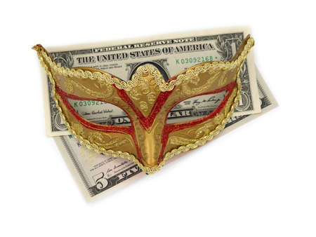 Traditional Brazilian carnival or festival mask with money (dollar bills) on a white background. The...