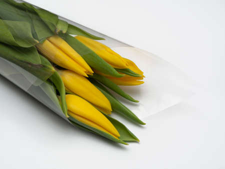 Decorated in a gift wrap, a small bouquet of flowers lies on a white background, a single-color table in the florist salon. Yellow tulips for the holiday of March 8.の写真素材