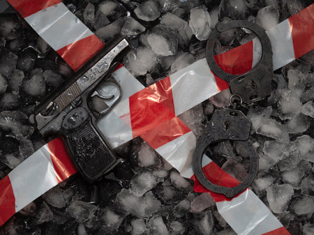 Police weapons and special equipment are fenced with a warning warning tape. Crime scene, physical evidence against a black background of ice cubes. The concept of a hot-track investigation.のeditorial素材