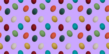 Seamless repeating pattern. Colorful chicken boiled eggs on a purple background turned in different directions. The concept of Easter wallpaper for advertising, greeting cards and editing.の写真素材
