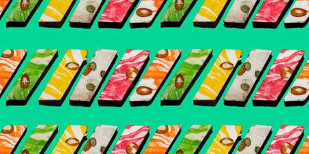 Seamless pattern of traditional oriental or Arabic sweets. Mix multicolour sherbet, Turkish delight or nougat with nuts. Food edible background.の写真素材