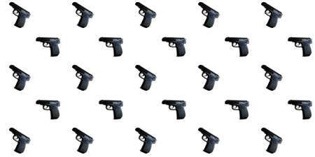 Seamless pattern, weapon texture. Police gun on a white background. Repeat photo elements for design.の写真素材