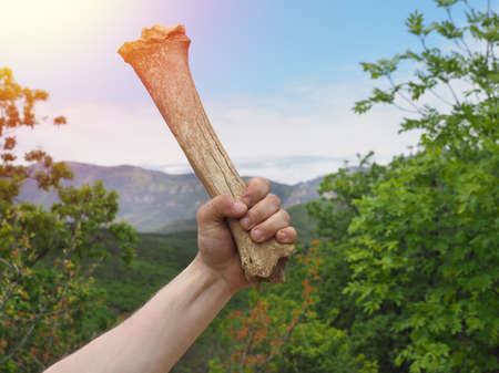Primitive man holds an animal shinbone (club) in his hand against background of green forest,...