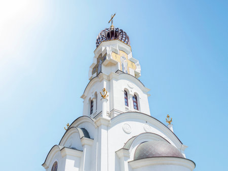 Novorossiysk, Krasnodar Territory, Russian Federation-09/05/2021: Orthodox lighthouse Church "Peter and Fevronia of Murom" located on the Black Sea coast. Detailed photo of the jewelry elements.のeditorial素材