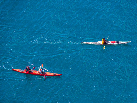 Crimea, Balaklava - 05.10.2021: Training of athletes of tourists in sea kayaking in the Black Sea.のeditorial素材