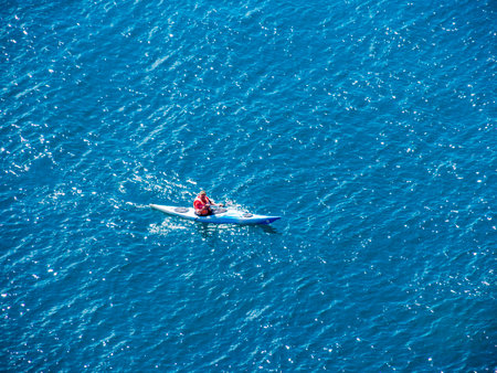 Crimea, Balaklava - 05.10.2021: Training of athletes of tourists in sea kayaking in the Black Sea.