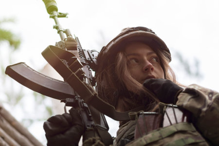 Portrait of a young girl in a military camouflage uniform with an automatic rifle in her hands...