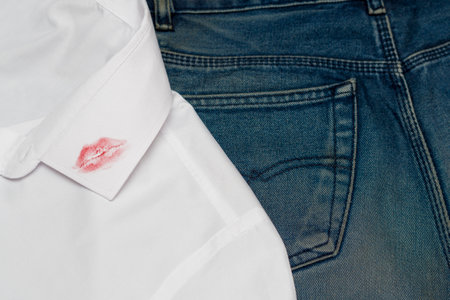 A trace of lipstick lips from a kiss on men's clothing. A white shirt is lying on blue jeans. The...