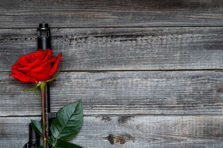Red rose overlaps an automatic rifle on a faded wooden background. Gray wallpaper with a flower and a gun. Copy Space text. The concept of passion or hatred.の写真素材