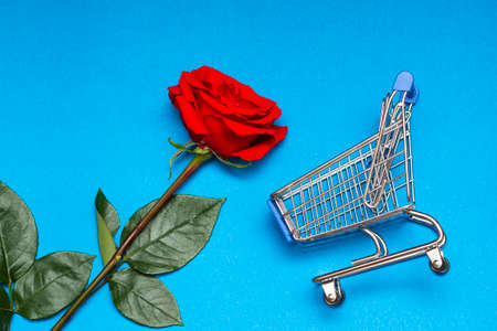 A red rose next to a shopping cart on a blue background. The concept of Valentine's Dayの写真素材