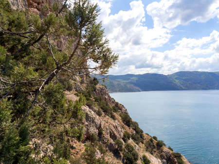 Landscape view of the rocks and the sea in the Crimea. Mountain and seascape in the velvet season of...