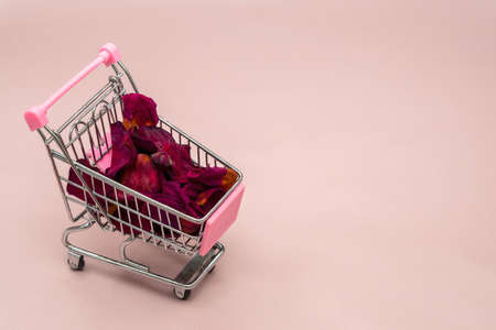 Dry red rose petals in a shopping cart on a pink background. The concept of aromatherapy and tea ceremony.の写真素材