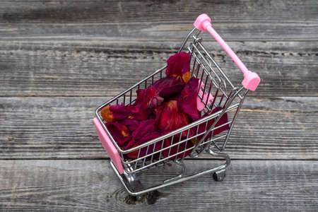 Dry red rose petals in a shopping cart on a wooden table background. The concept of aromatherapy and tea ceremony.の写真素材