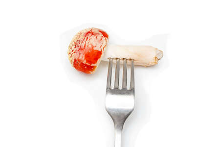 Red fly agaric (amanita muscaria) on a fork on a white background. The concept of poisoning mushroom toadstool, the use of hallucinogens and drugs.の写真素材