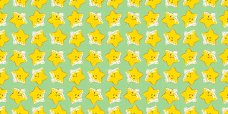 Seamless pattern of Christmas ginger cookies in the form of a decorated yellow five-pointed star with eyes on a green pastel background.の写真素材