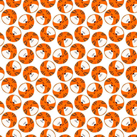 Seamless pattern ginger cookies in the form of a colorful round tiger figurine with orange glaze on a white background.の写真素材