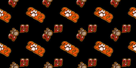 Christmas ginger cookies with symbol of the new year in form of numbers 2022 in tiger coloring breaking cracked numbers 2021 with a bull on black background. Seamless pattern.の写真素材