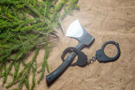 A black ax shackled in police handcuffs against a background of burlap next to the felled branches...