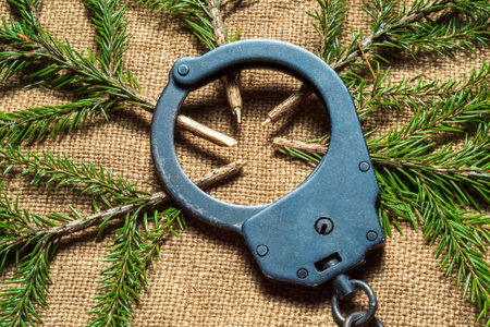 Police handcuffs on the background of burlap next to the felled branches of the Christmas tree. The...