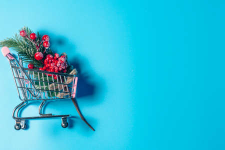 A branch of an artificial decorative Christmas tree with red decorations lies in a small shopping cart on a blue background. The concept of buying or selling jewelry without harming nature.の写真素材