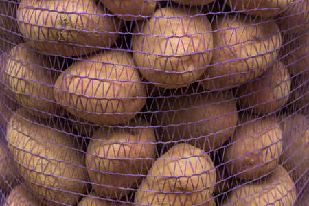 Potatoes in a mesh bag close-up in full frame at the warehouse market.の写真素材