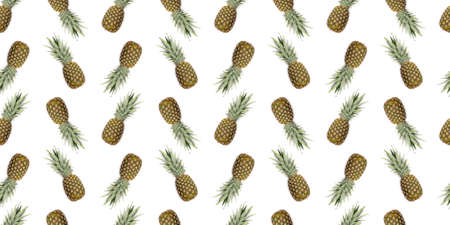 Ripe whole pineapple with leaves isolated on a white background. Seamless pattern.の写真素材