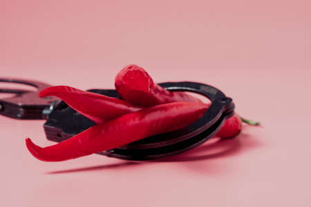 A many (three) red hot chili pepper lies shackled in black police handcuffs of a pink background. The concept of sexual crimes. Punishment for violence and harassment.の写真素材