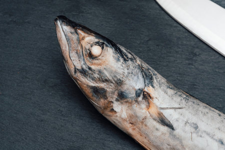 Frozen fish with a serving knife on a slate black cutting board. The concept of a seafood diet.の写真素材
