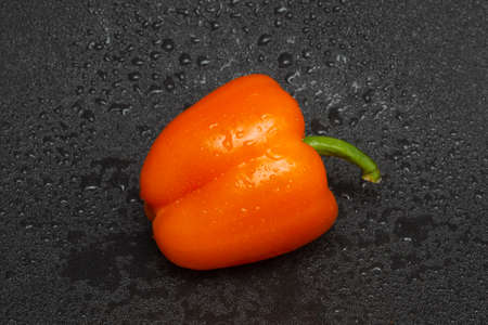 Washed orange bell pepper with water drops on a black background.の写真素材