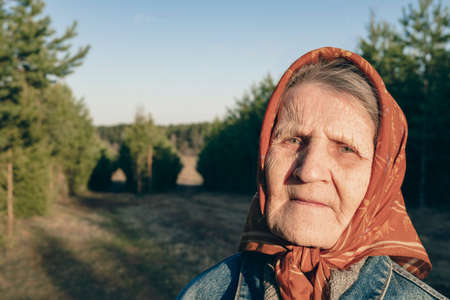 Portrait of an elderly woman in a headscarf and a denim jacket against the background of trees in a pine forest. Grandmother in nature in the park. copyspace.の写真素材