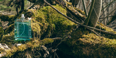 Men's perfume in a blue glass bottle against a background of green moss and roots in the forest...