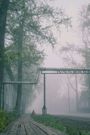 Suburban Russian street in the morning mist. Wooden houses, trees and heating mains in the mystical...