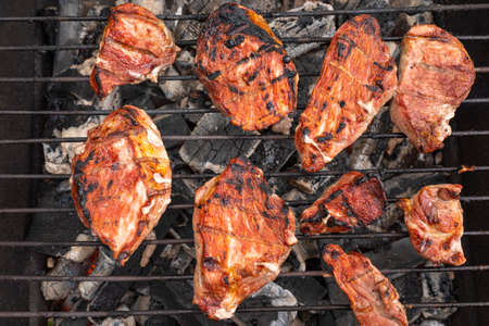 Roast pork on the grill is fried on coals. The concept of a garden barbecue.の写真素材
