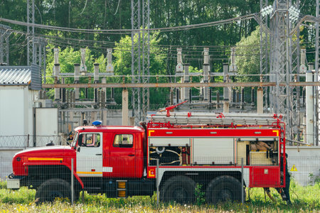 Kirov, Russia - June 3, 2022: Firefighters are looking at open fire. Short circuit at power plant....