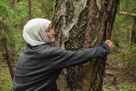 A thin old woman hugs a birch trunk in the park. An elderly woman is charged with the natural energy of the earth from a tree.の写真素材