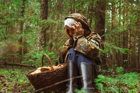 Old elderly woman in camouflage clothes got lost in the forest. Frightened desoriented grandmother sits and grabs her head next to a wicker basket of mushrooms.の写真素材