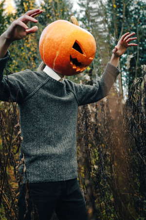 A man with an orange pumpkin on his head in a gray sweater in the image of a scarecrow stands on the outdoor. The concept of celebrating Halloween.の写真素材