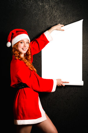 A red-haired smiling woman in a Santa Claus costume shows an empty white poster (mockup) on a dark background. The concept of Christmas and New Year.の写真素材