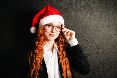 Portrait of a red-haired business woman in a suit with a red Christmas hat.の写真素材