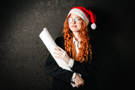 A portrait of a red-haired businesswoman in a suit with a red hat and business papers stands on a dark black background.の写真素材