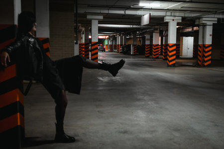 A brunette woman in a black leather jacket, dress and tights poses with a suitcase in an underground parking lot. The concept of business and mafia.の写真素材