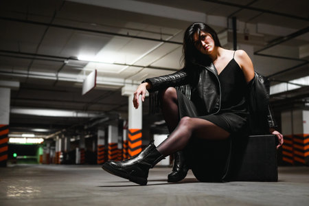 A brunette woman in a black leather jacket, dress and tights poses with a suitcase in an underground parking lot. The concept of business and mafia.の写真素材